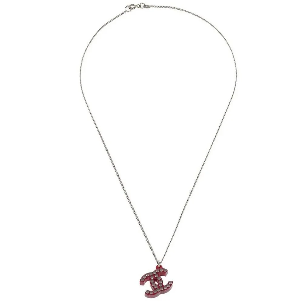 Chanel CC Chain Pendant Necklace Acrylic Silver Red 05P - Picture 2 of 4